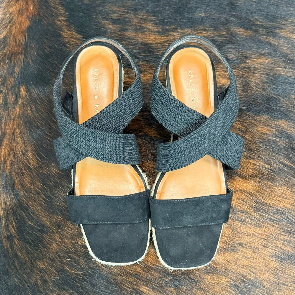 Kelly & Katie Women's Black Strappy Slip On Raffia Platform Wedges,‎ Size 9.5